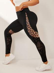 Easithlete Plus Size Leopard Patchwork Asymmetrical Flocked Mesh Splicing Athletic Leggings Pants - Black - View 4