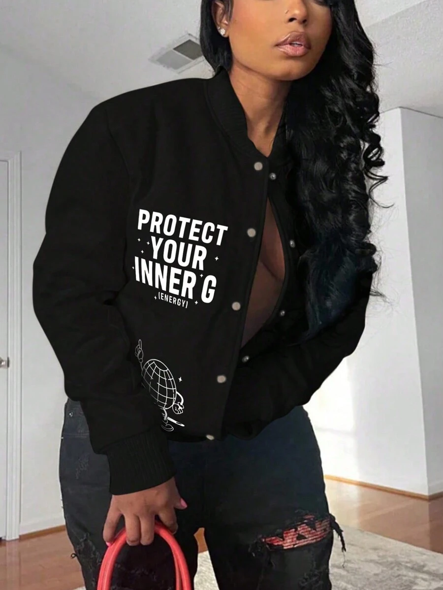 SHEIN Slayr Women's Autumn Slogan Print Long Sleeve Single-Breasted Casual Baseball Jacket - Black - View 1