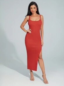 Denimoi Solid Rib Knit Open Back Midi Dress With Side Slit - Rust Brown - View 3