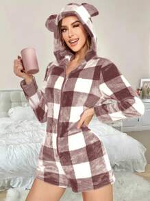 女式格纹印花羊毛连帽连体睡衣 - 淡紫色 - 查看 4