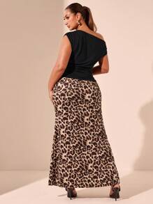 SHEIN BAE Blusa ajustada con cuello asimétrico y drapeado en negro sólido para talla grande, falda larga de línea A con acabado satinado en estampado de leopardo, sexy y elegante para una cita, té de la tarde, actividades al aire libre, adecuado para el verano y el Día de San Valentín