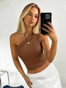 SHEIN EZwear Summer Solid One Shoulder Ruched Crop Top
