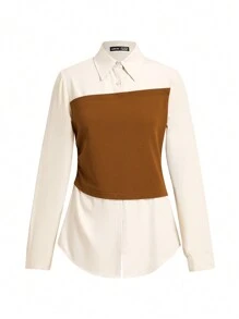 SHEIN LUNE 女士休闲撞色拼布两件套服装，秋冬基本日常套装两件套女士外出装商务休闲女装 - 彩色 - 查看 6