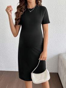 SHEIN Elegant Commuter Plain Round Neck Short Sleeve Fitted Maternity Dress - Black - View 5
