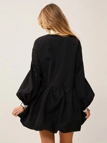 SHEIN Essnce Women's Collared Ruched Mini Dress,  Pleated Long Sleeve Button Up Mini Dress - Black - View 2