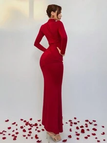 Aloruh Women's Valentine's Day Holiday New Years Party Red Dress Solid Color High Neck Metallic Decor Pleated Asymmetric Bodycon Extra Long Sleeve Dress, Autumn/Winter