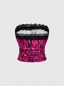 ROMWE J-Fashion Spring/Summer Valentine's Day Y2K Style Crop Top Set For Women, Featuring Star, Cross, Skull, And Animal Prints With Rhinestone Decor - Hot Pink - View 6