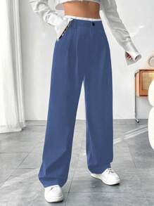 SHEIN Unity 女士纯色休闲时尚办公裤 - 寶藍色 - 查看 6