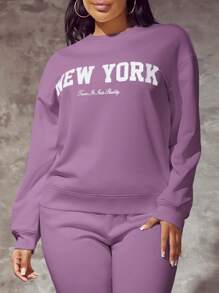 SHEIN SXY Women Letter Print Round Neck Drop Shoulder Long Sleeve Casual Sweatshirt, Autumn/Winter - Violet Purple - View 5