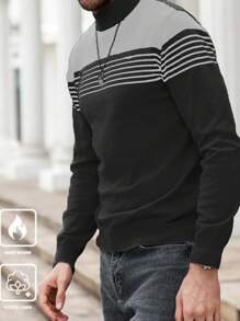 Manfinity Homme Men's Casual Colorblock Striped Knit Sweater, Autumn/Winter - Black - View 1