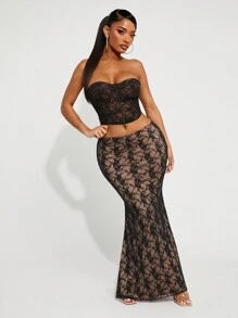 SHEIN SXY 优雅黑/裸色透明蕾丝鱼尾裙，秋冬 - 黑色 - 查看 1