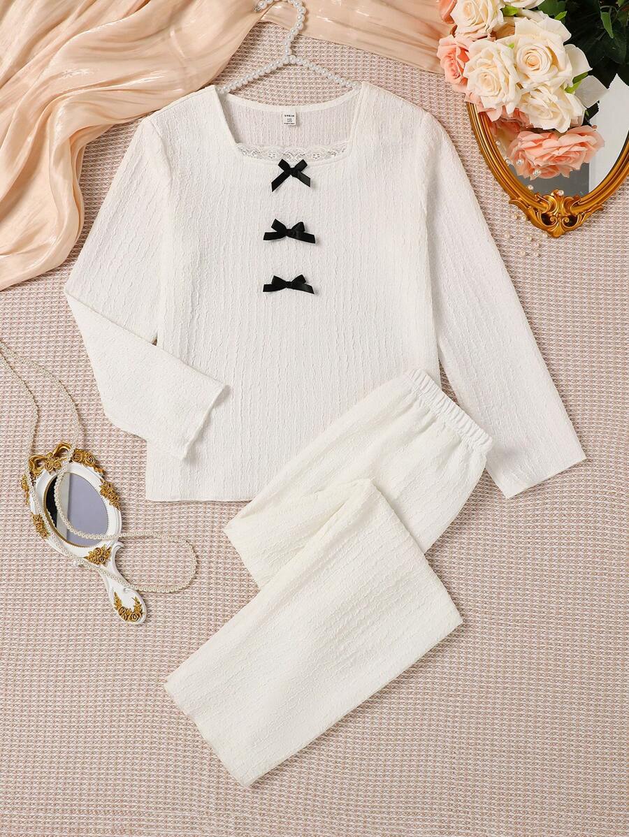 2pcs Girls Elegant Bow Decor White Long Sleeve Top & Casual Long Pants Home Outfit Set