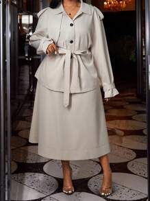 Slaydiva 2pcs Plus Size Women Set: Casual Windbreaker Jacket And Skirt, Autumn - Apricot - View 4
