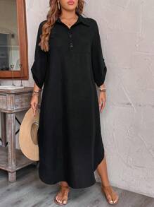 SHEIN LUNE Vestido casual largo de manga larga con botones y de unicolor en tallas grandes - Negro - Ver 6