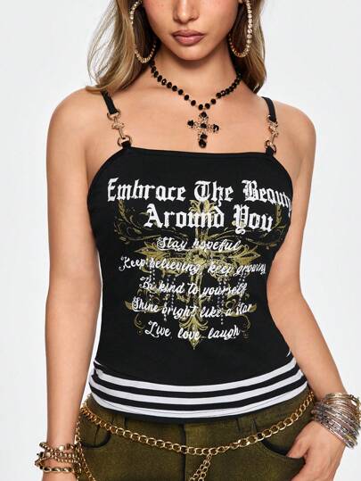 ROMWE Avant Top de tirantes corta con estampado de cruz de rhinestone y letra para mujeres