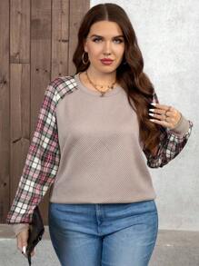 SHEIN LUNE 大码圆领格子拼接长袖卫衣情人节 - 彩色 - 查看 6