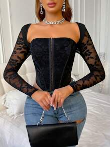 Chiquease Blouse femme à manches longues, patchwork, floral, sexy et en dentelle