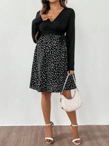SHEIN Maternity Nursing Dress With Heart Print Patchwork, Wrapped Ruched Waist, Elegant - Black - View 5