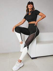Easithlete High Waist Seamless Contrast Color Mesh Leggings Yoga Women Pants - Black and White - View 4
