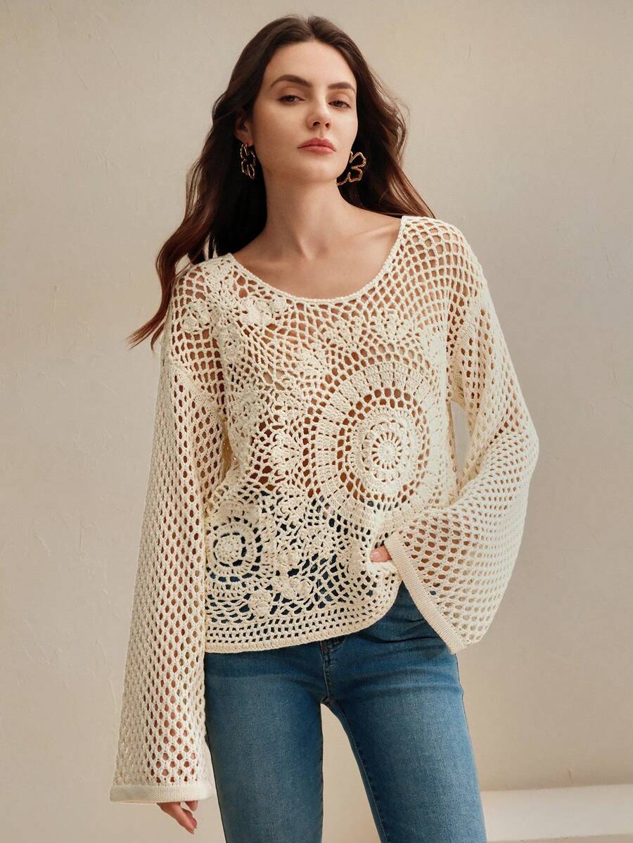 Anewsta 钩针编织宽松长袖毛衣，饰有花卉镂空设计，优雅大方，适合春夏通勤、休闲外出和度假穿着，也可作为秋冬季针织套头衫穿着。 - 白色 - 查看 1