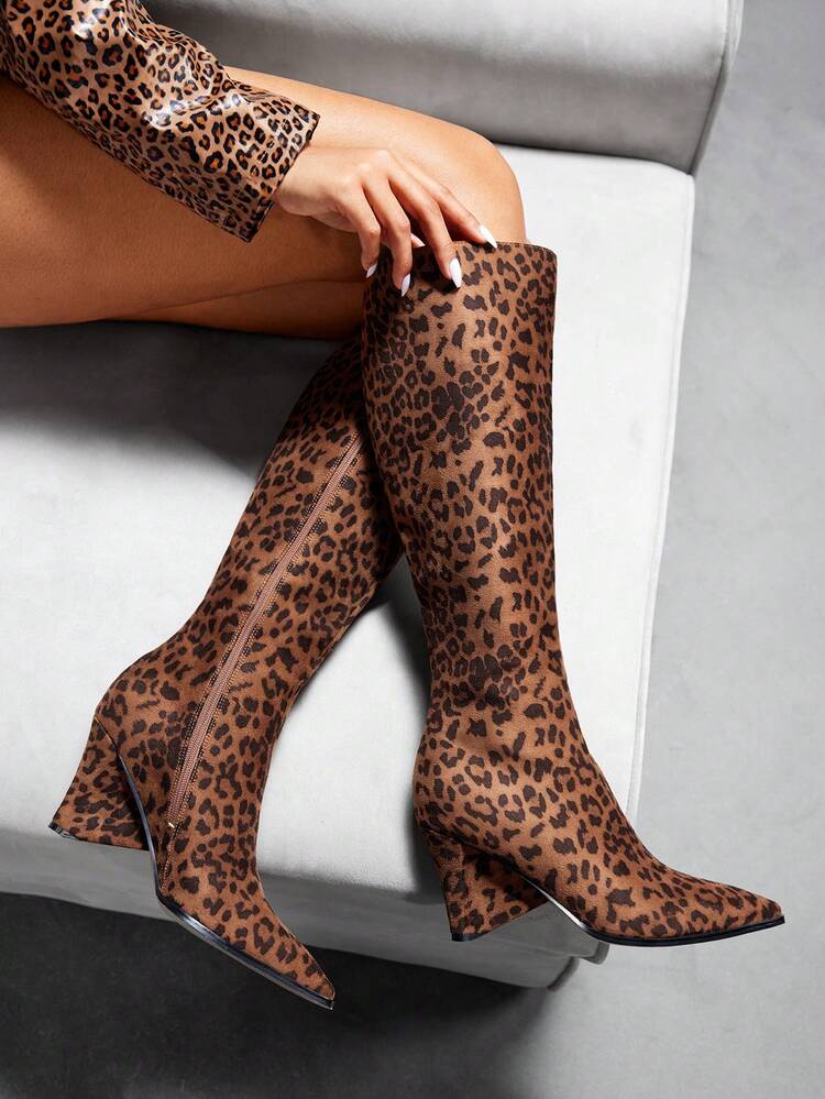 CUCCOO SZL Women's Leopard Print Velvet Pointed Toe Asymmetric Heel Knee High Boots, Elegant Stable Comfortable Versatile, Suitable For Christmas, New Year Party, Date Night, Spring Casual Wear For Christmas And New Year Holiday Vibe Fall And Winter