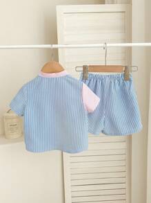 2pcs Young Boys Cute Striped Color-Blocked Stand-Collar Short-Sleeved Shirt And Shorts Set,Casual Comfortable Summer Outings Vacations School Outfits - Multicolor - View 4