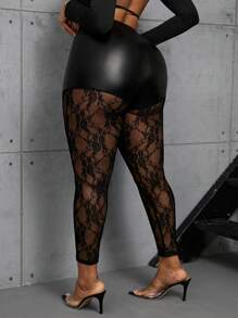 Maweii Leggings transparentes con parches de encaje y piel sintética para mujer talla grande