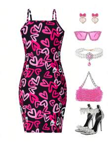 Tween Girls Pink With Black Full Heart & Letter Print Elastic Fitted Cami Dress Outfit, Lively And Cute Design For School, Outings, Party, All Seasons