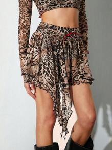Easelle Falda asimétrica de punto con estampado de leopardo para mujer - Multicolor - Ver 4
