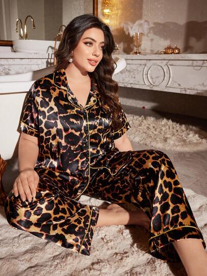 优雅豹纹贴袋短袖上衣和裤子女士大码睡衣套装
