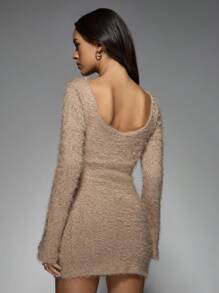 MISSGUIDED Fluffy Knit Long Sleeve Scoop Neckline Mini Dress - Brown - View 2