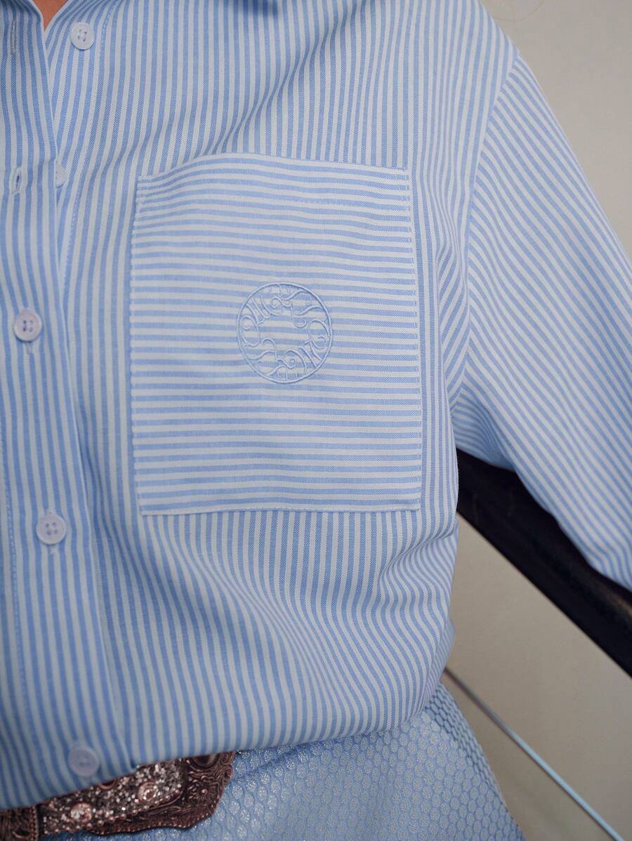 MOTF STUDIO STRIPED POCKET PATCHED SHIRT - Blue and White - View 2