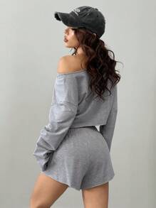 Coolane 2pcs/Two Pieces Women's Spring Fall Summer Daily Wear Athleisure Basic Knit Letter Print Comfortable Grey Over Size Asymmetrical Neck Long Sleeve Cropped Pullover Sweatshirt And Mid Rise Elastic Waistband Sweater Shorts Set