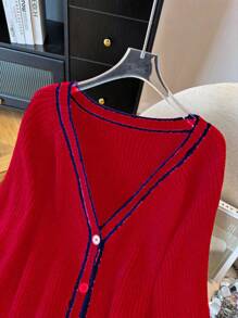 SHEIN LUNE 1pc Women Plus Size Knitted Color Block Long Sleeve Red Cardigan Fall Cloth For Women - Red - View 4