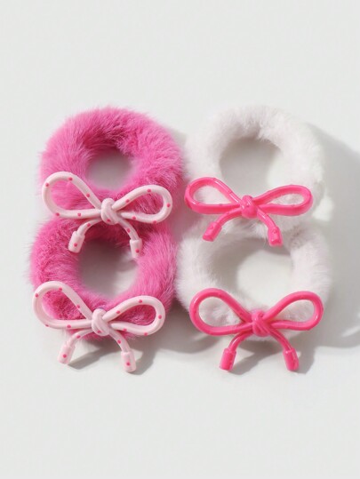 Kawaii Set da 4 Elastici per capelli alla moda e carini in peluche con decorazione ad arco in resina colorata, colori rosa e bianco, versatili per uso quotidiano, regali per sorelle, amiche e donne per San Valentino