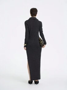 SHEIN LUNE 女士特殊领口简约针织连衣裙，带侧开衩 - 灰色 - 查看 2