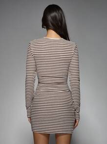 MISSGUIDED Round Neck Long Sleeve Button Front Detail Bodycon Slim Fit Knitted Striped Short Dress - Multicolor - View 2