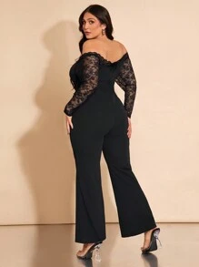 SHEIN BAE Plus Size Women Black Lace Patchwork Jumpsuit, Long Sleeve Flared Pants Suit, Suitable For Autumn/Winter Dates, Christmas, Parties, Nightlife, Valentine's Day