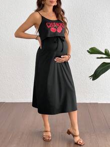 SHEIN Cherry Print Black Fitted Nursing Clothes For Maternity