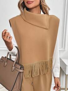 SHEIN Clasi Women Regular Fit Autumn/Winter Fashion Unique Structured Mock Neck Sleeveless Fringed Decorative Jacket