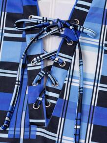 EMERY ROSE 女士春夏格子印花露肩系带长袖休闲T恤，春季女式上衣 - 藍色 - 查看 7