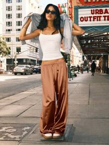 Easelle Pantalon droit ample à taille élastique en satin marron pour femmes - Tabac - Voir 6