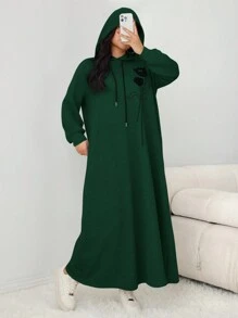 Mulvari Plus Size Casual Drawstring Hoodie Dress For Autumn - Dark Green - View 5