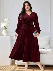 Modelyn Plus Size Elegant Crystal Decor Wrap Waist Dress For Christmas Long Evening Dresses