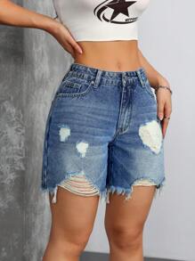 SHEIN ICON 女式破洞口袋磨边休闲牛仔短裤 - 中等水洗藍 - 查看 4