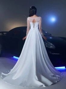 Glamrae 优雅奢华透视长袖仿珍珠装饰缎面褶饰荷叶边连衣裙，带拖尾，适合婚礼、单身派对、节日、舞会、新娘 - 米色 - 查看 6