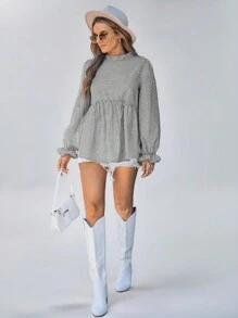 SHEIN LUNE Women's Striped Round Neck Ruffle Sleeve Casual Blouse,Going Out Tops Women,Long Sleeve Shirt,Office Wear,Country - Black and White - View 4