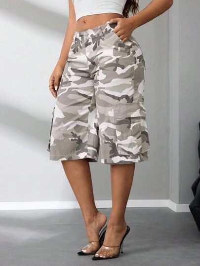 SHEIN SXY 女式前扣口袋迷彩简约休闲牛仔裤