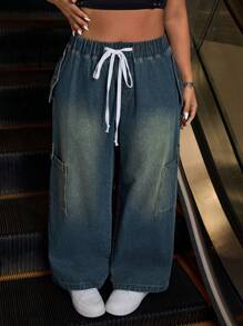 SHEIN EZwear Plus Size Front Tie Pocket Simple Design Casual Denim Jeans - Medium Wash - View 1