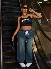 SHEIN EZwear Plus Size Front Tie Pocket Simple Design Casual Denim Jeans - Medium Wash - View 4